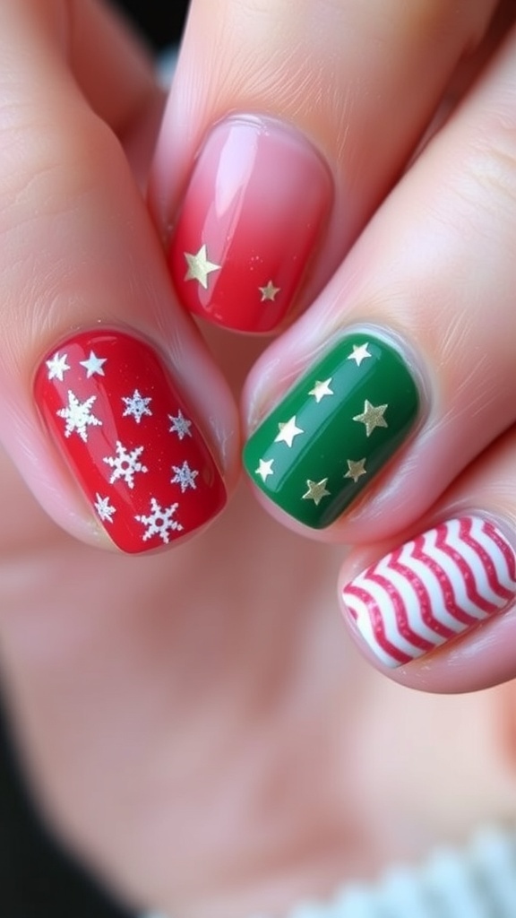 Short nails with simple Christmas nail art designs including snowflakes, stars, and candy canes.